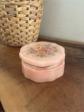 Pink Alabaster stone Round Floral Ceramic Trinket Jewelry Box Made in Italy